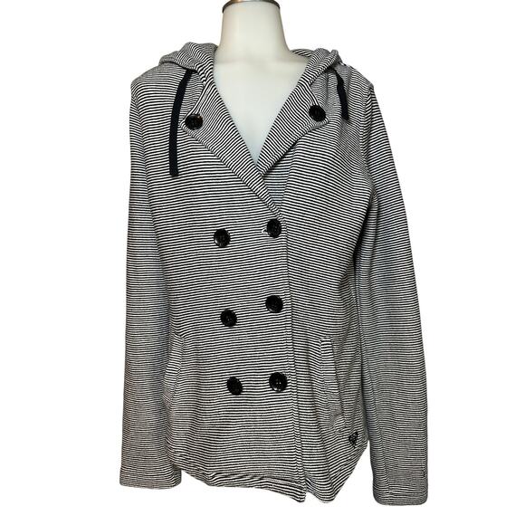 Roxy The Cuddle Jacket Women’s Medium Hooded Peacoat Navy White Striped Nautical - Picture 1 of 7